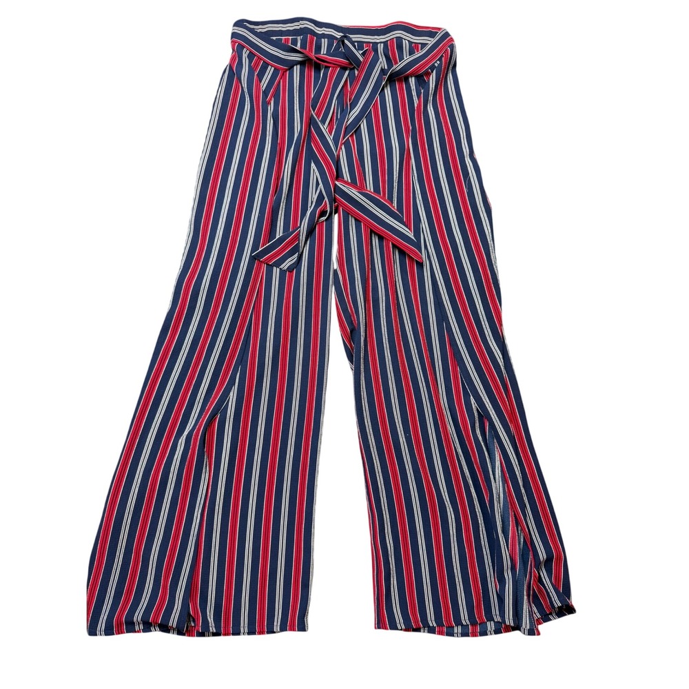 Ambiance Apparel Wide Leg Pants Womens L Blue Red Stripe Excellent Split Leg Tie